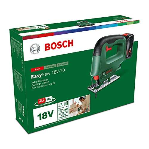 Bosch Akku Stichsäge EasySaw 18V-70 (2,0 Ah Akku, 18 Volt System, mit 1 Stichsägeblatt, Ladegerät AL 18V-20, im Karton) - Prime