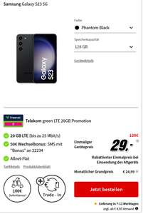 Telekom Netz, nur mit Trade in: Samsung Galaxy S23 im Allnet Flat 20GB LTE für 24,99€/Monat, 29€ Zuzahlung, 50€ Wechselbonus