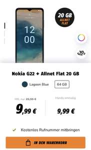 Telekom Netz Klarmobil Grau Nokia G22 Flat 20 GB/9,99€ Monat ZZ 9,99€ Cashback möglich/ Verkauf ca 8€/ KwK 40€