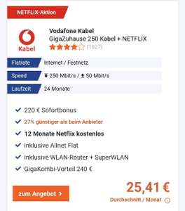 Vodafone Kabel 250 + Netflix 20,17€ monatlich möglich
