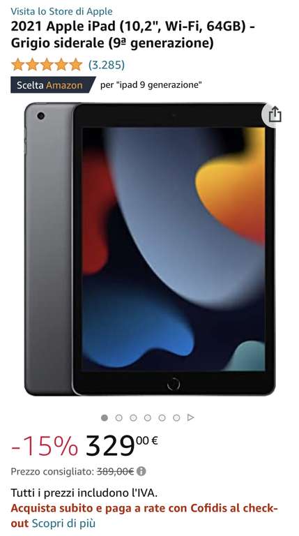 [Amazon.it] Apple iPad 64GB WIFI in grau 9. Generation