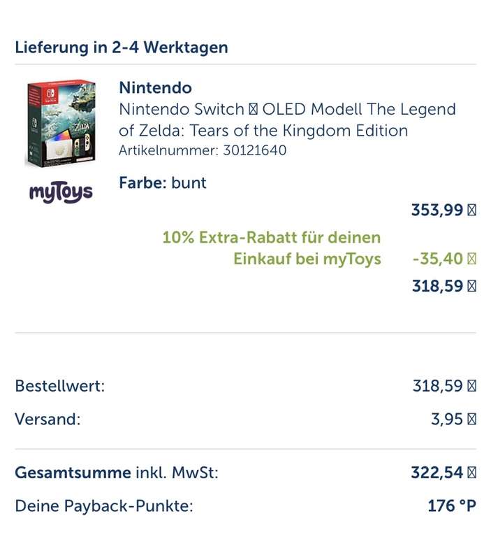 Nintendo Switch OLED Legend of Zelda: Tears of the Kingdom [10% Code, personalisiert] (effektiv: 320,83€) ALTERNATIV 333,30€ mit Payback