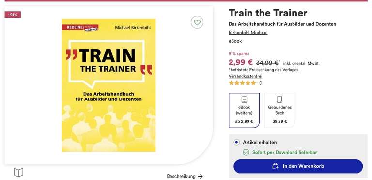 E-Book/PDF „Train the Trainer“ Standardlektüre für angehende Trainer und Dozenten temporär 91% reduziert bei Thalia/buecher.de
