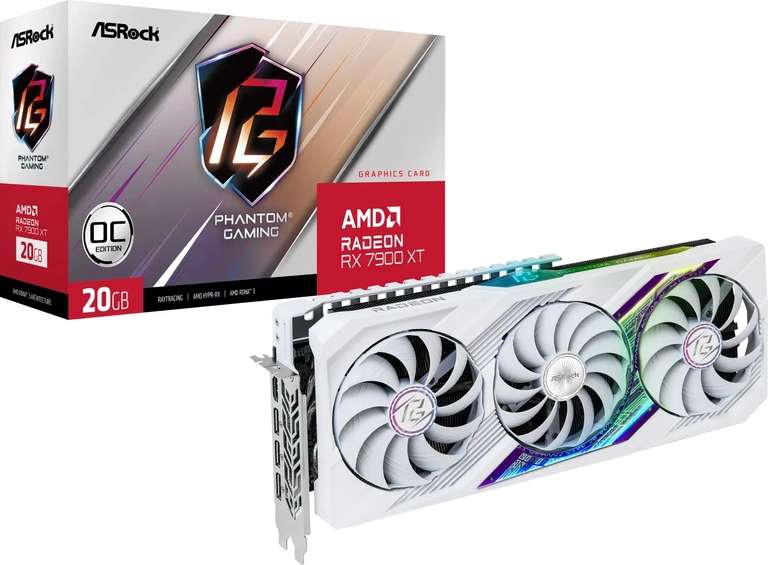 ASRock Radeon RX 7900 XT Phantom Gaming White OC Grafikkarte (20GB GDDR6, 3 Lüfter, Triple Slot, HDMI 2.1, 3x DP 2.1, Backplate, RGB)