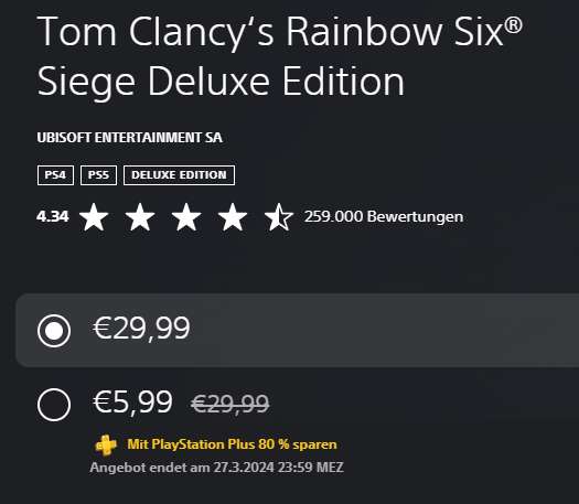 [Playstation Store] Tom Clancy‘s Rainbow Six Siege Deluxe Edition - Preis mit PS+
