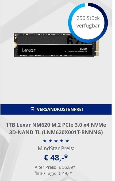 Lexar NM620 1TB M.2 NVMe SSD (3D TLC, bis R3300/W3000, 5 Jahre Garantie)