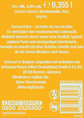 (Prime ) Corona Extra Premium Lager Flaschenbier, MEHRWEG im Karton, Bier, 20er (20 x 0.355 l) zzgl. 1,60€ Pfand