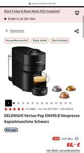 DELONGHI Vertuo Pop ENV90.B Nespresso Kapselmaschine Schwarz und AEROCCINO 3 Milchaufschäumer + 50 Kapseln gratis
