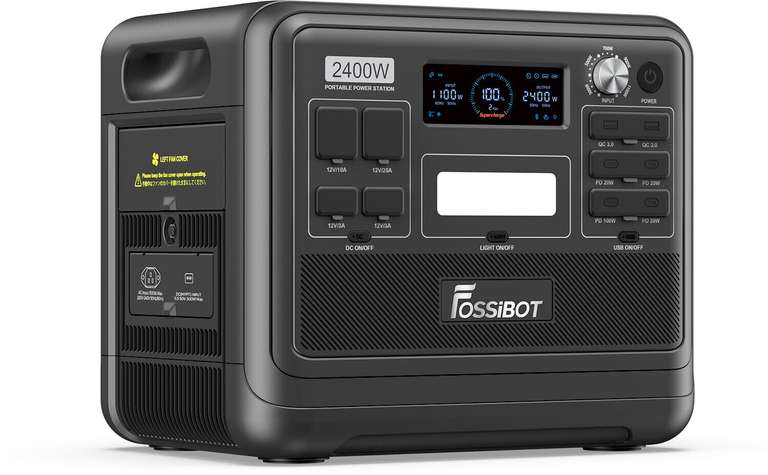 FOSSiBOT F2400 LiFePO4 Powerstation | 2048Wh | 2400W | 4x USB-C PD (1x 100W) / 2x USB / 3x AC / 4x div. 12V | USV | Solarpanel-Anschluss