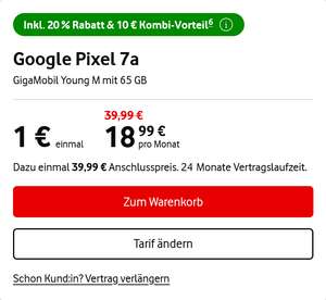 Vodafone Young GigaKombi: Google Pixel 7a im Allnet/SMS Flat 65GB 5G 18,99€/Monat, 1€ Zuzahlung (eff. 381,75€ mit Trade In & Bonus)