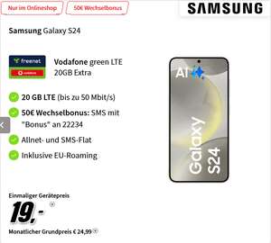 Vodafone Netz: Samsung Galaxy S24 im Allnet/SMS Flat 20GB LTE 24,99€/Monat, 19€ Zuzahlung (Telekom 49€), 50€ Wechselbonus