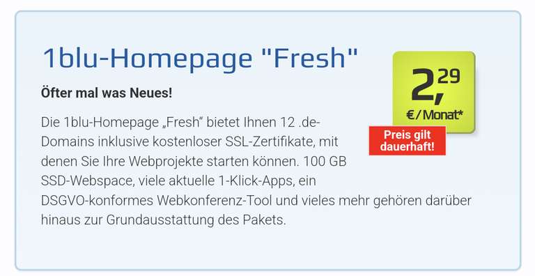 1blu-Homepage "fresch" inkl. 12 .de Domains für dauerhaft 2,29€ pro Monat (6 Monate Laufzeit)