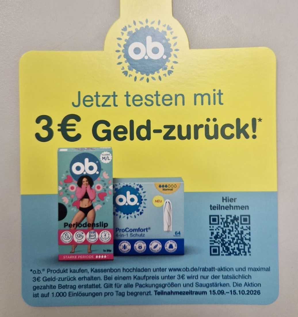 o.b. GzG / Teil-GzG 3€ Tampons Gratis Testen Geld zurück Damen Hygiene & Periode dm budni Müller Rossmann ab 15.09.