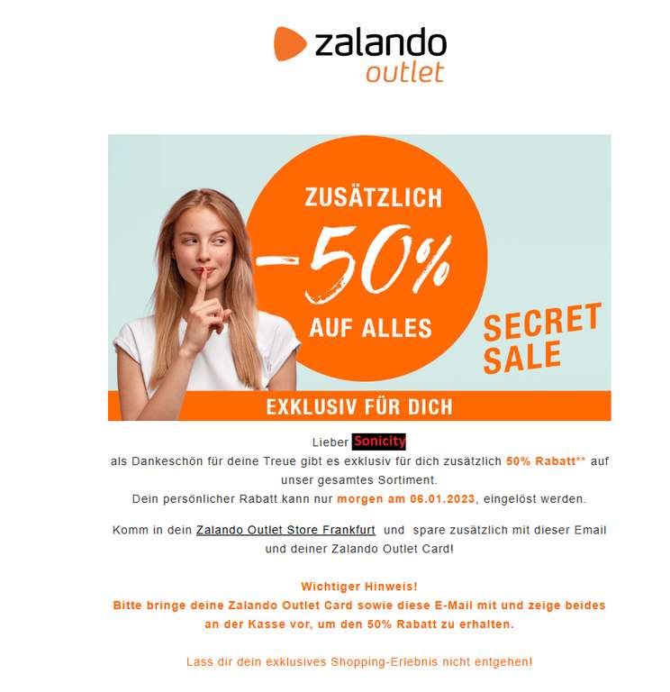 [personalisiert per Newsletter] Zalando Outlet: 06.01.2023 50% auf Alles mit Zalando Outlet Card