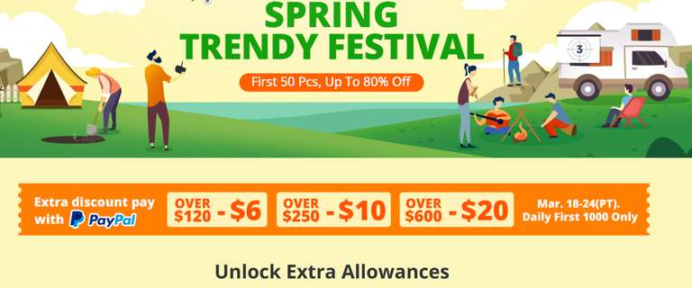 Spring Festival bei Banggood - Extra Rabatt bei Paypal Zahlung (US$ 120-6, 250-10, 600-20) / 1000/Tag, bis 24. März