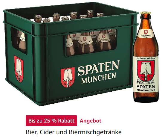 Amazon "Bier, Cider und Biermischgetränke" Aktion, z.B. SPATEN Münchner Hell, Bier aus München (20 x 0.5 l, zzgl. Pfand) [Prime Spar-Abo]