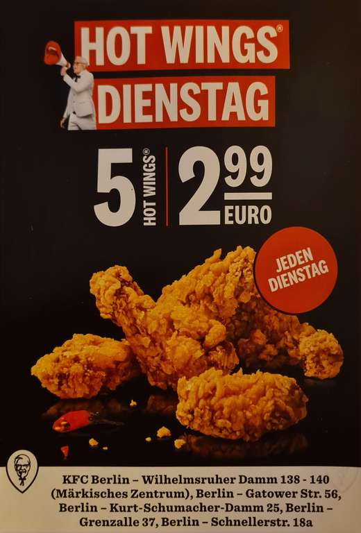 5 Hotwings 2,99€ oder 5 Crispys 4,99€ [Lokal Berlin] KFC