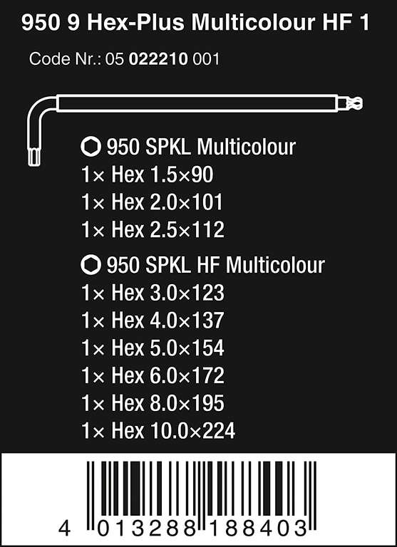 Wera 05022210001 950/9 Hex-Plus Multicolour HF 1 Multicolour Winkelschlüsselsatz, metrisch, BlackLaser, mit Haltefunktion, 9-teilig, PRIME