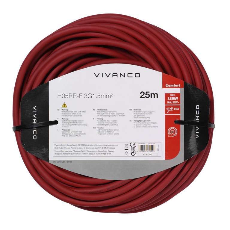 vivanco Outdoor Verlängerungskabel IP44, 25m, rot