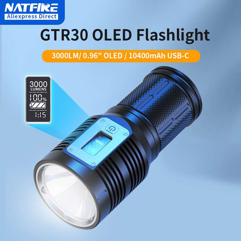 NATFIRE GTR30 Wiederaufladbare LED Taschenlampe 3000 Lumen OLED Digital Display10400mAh mit Power Bank