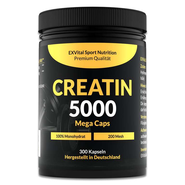 Creatin 5000 Mega Caps, workout booster, 5000 mg Creatin Monohydrat pro Tagesdosis, 300 vegane Kapseln, 100% rein mit Mesh Faktor 200