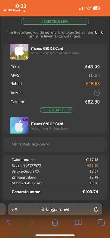 [Kinguin.net] Apple iTunes 120€ für 103,74€