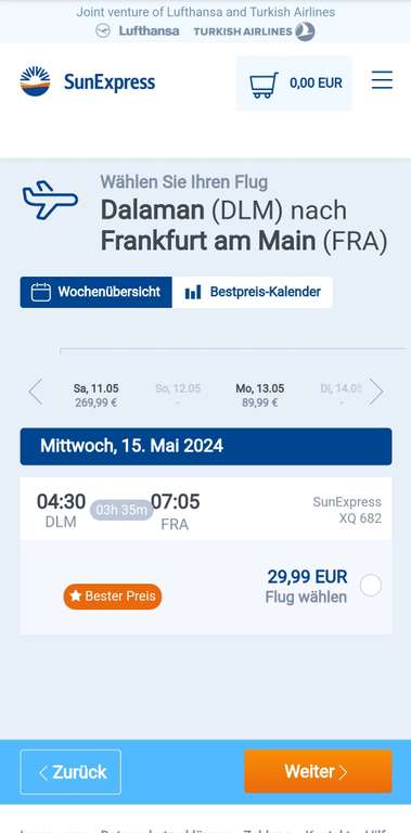 FLUG Oneway Sunexpress Dalaman Türkei nach Frankfurt DLM - FRA 15.04.24