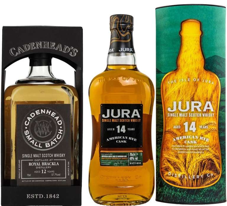 Whisky-Übersicht 216: z.B. Royal Brackla 2006/2019 Bourbon Cask (Cadenhead) für 66,33€, Jura 14 American Rye Cask für 47,90€ inkl. Versand