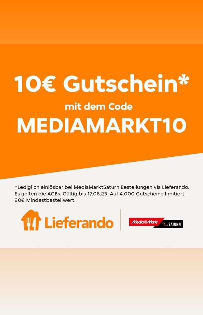 Lokal Berlin] 20€) Rabatt MediaMarkt Saturn 10€ Lieferando & (MBW | mydealz bei auf Bestellungen