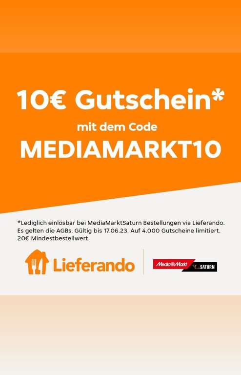Lokal Berlin] 10€ | bei mydealz Rabatt Bestellungen Saturn Lieferando auf (MBW MediaMarkt 20€) 