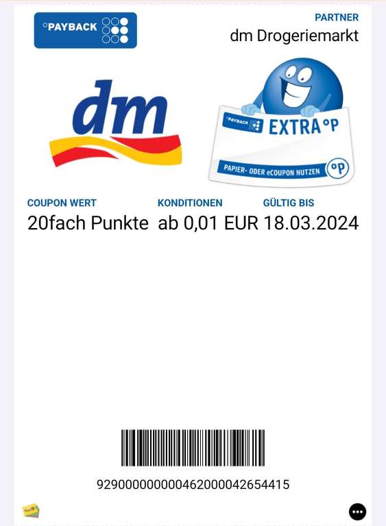 [Payback/DM] 20fach Paybackpunkte auf den Einkauf vor Ort bei dm (gültig bis 18.03.2024) (Individuelle Codes) Lokal Paderborn