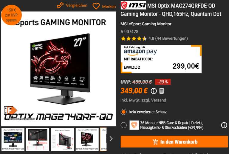 MSI Optix MAG274QRFDE-QD Gaming Monitor - QHD,165Hz (beim Kauf mit Amazon Pay)