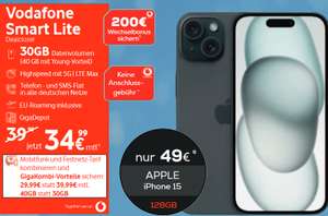 -210€ vs. Idealo Lokal, Vodafone Netz GigaKombi: Apple iPhone 15 im Allnet/SMS Flat 40GB 5G für 29,99€/Monat, 0€ AG, 49€ Zuzahlung, 200€ RNM