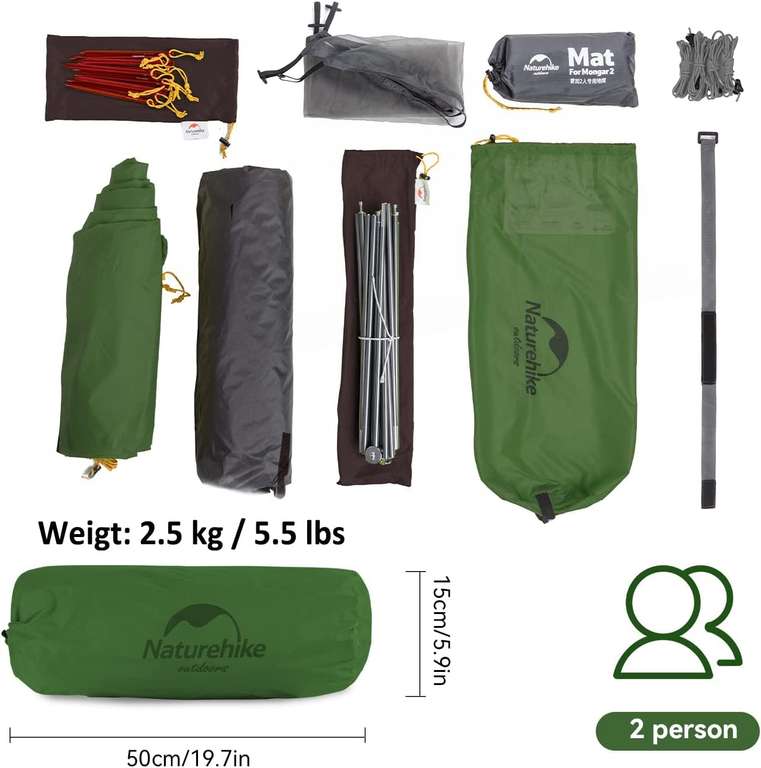 Naturehike Mongar 2 | Zelt für 2 Personen | 3000 mm Wassersäule | 210T Polyester | ca. 2,5 Kg | Packmaß: 50 x 15 cm | in dunkelgrün