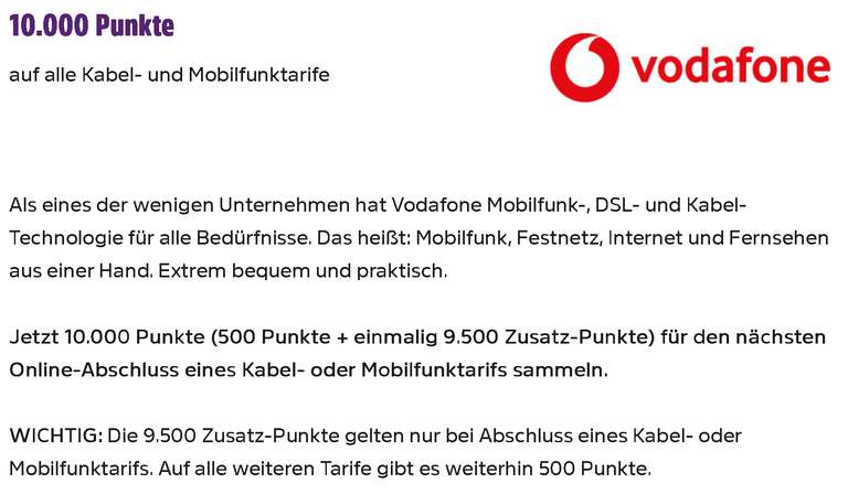 [DeutschlandCard + Vodafone] Jetzt 10.000 Punkte (100 €) bei DeutschlandCard für Online-Abschluss eines Vodafone Kabel- oder Mobilfunktarifs