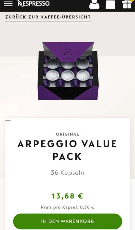 Original Nespresso Kapseln : VALUE PACK Arpeggio + VALUE PACK Volluto Limitierte Sondergröße ab 40 Euro/100 Kapseln Versand kostenlos