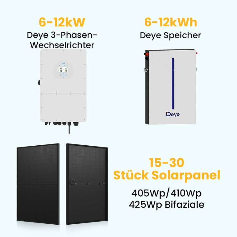 Solaranlagen mit Speicher z.B. 10kW Deye Niederspannung Speichersystem 12kWh / 25x 425Wp Fullblack Bifaziale Solarmodule