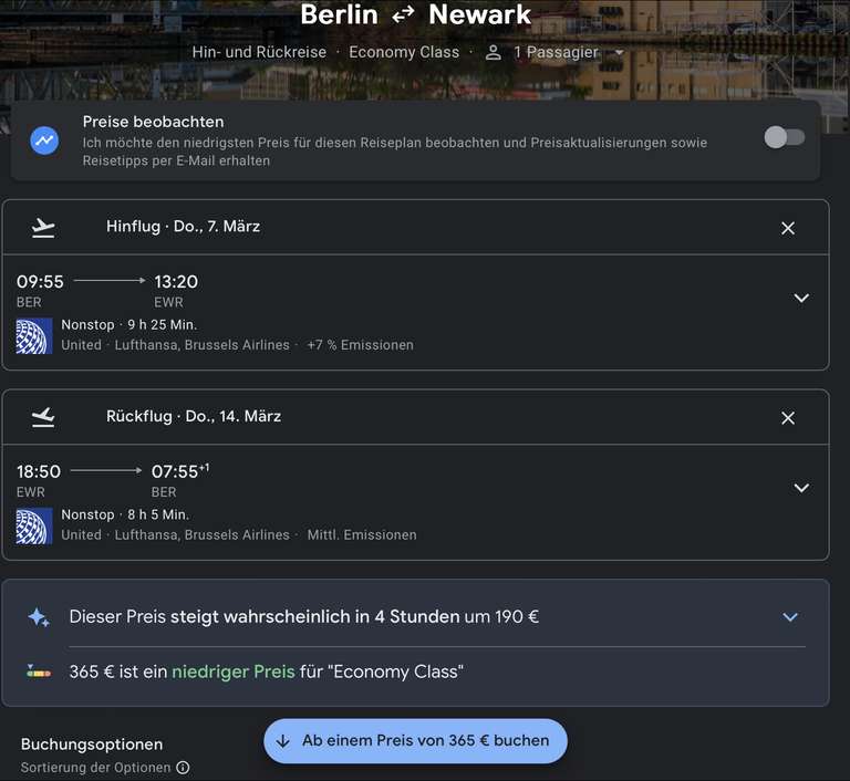 Direktflüge Berlin nach New York City (Newark) Economy Aufpreis Aufgabegepäck 120 Euro mit United Airlines