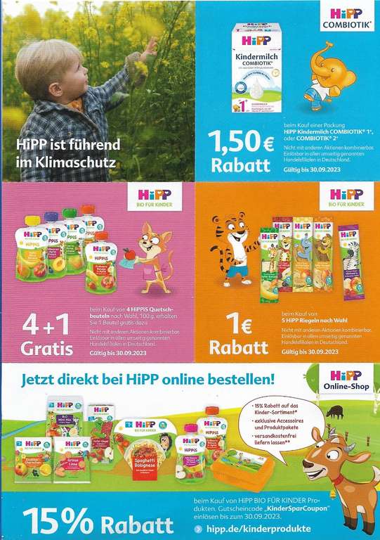 Hipp Kindermilch/Quetschbeutel/Riegel Gutscheine