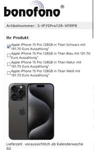 iPhone 15pro Bonofono für Gewerbe 191,70€ Auszahlung