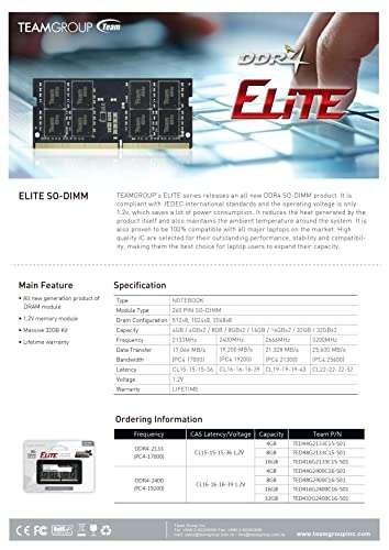 TEAMGROUP Elite DDR4 32GB Kit (2 x 16GB) 3200MHz PC4-25600 CL22 Unbuffered Non-ECC 1.2V SODIMM 260-Pin
