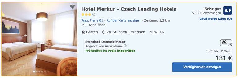 Prag: Übernachtung im 4 Sterne Hotel Merkur (Czech Leading Hotels) ab 41€/Nacht (Frühstück, kostfr. Storno) - Verfügbarkeiten: Nov. bis März