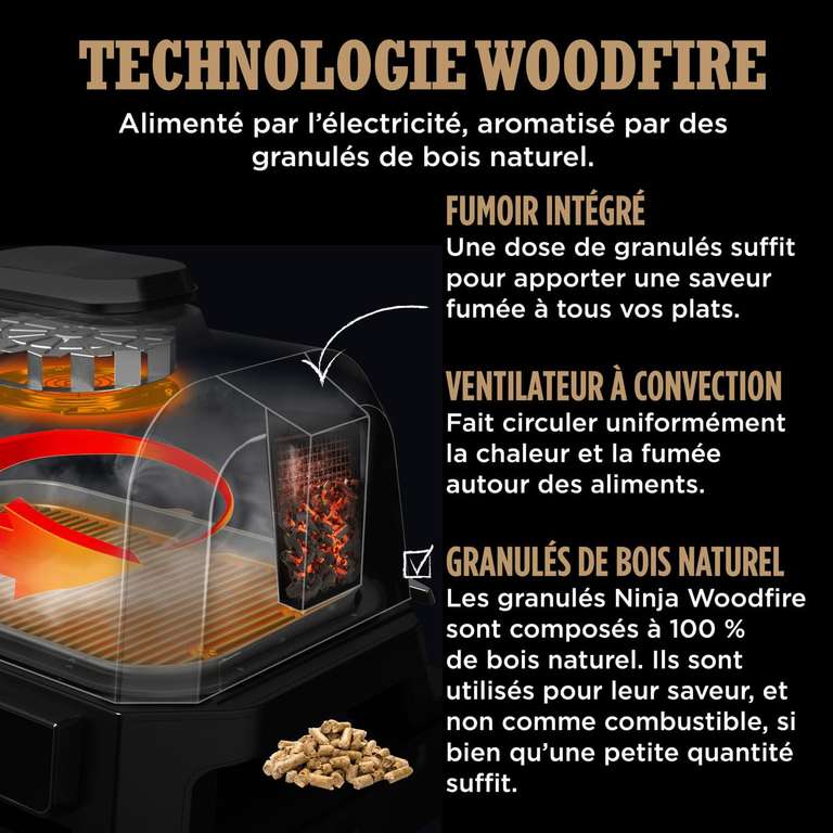 Ninja Woodfire Pro XL Elektrogrill,großer 4-in-1-Außengrill mit Smoker-& Heißluftfritteuse Grau/Schwarz OG850EU