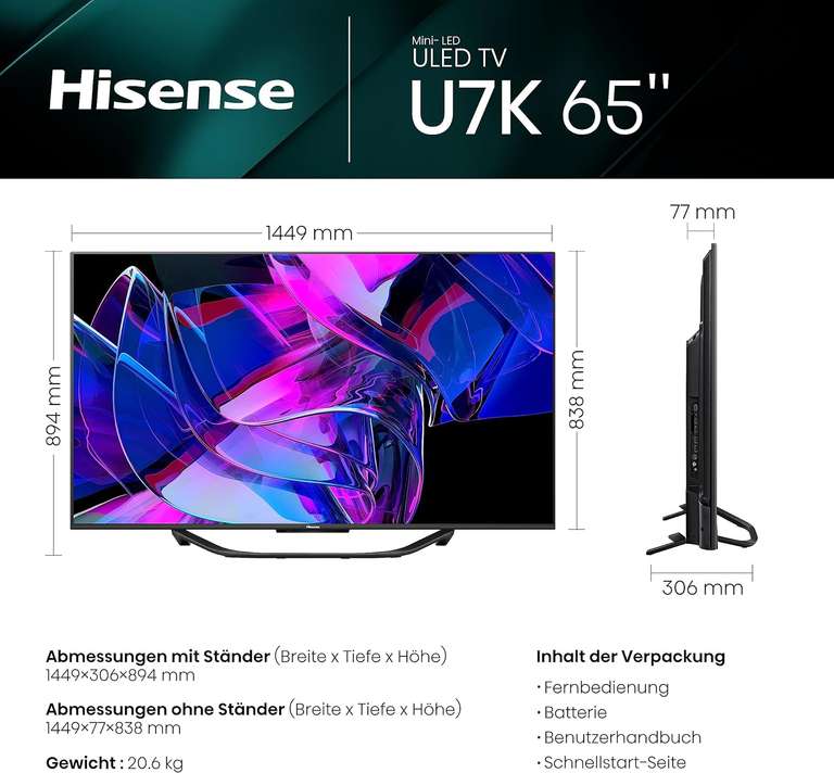 HISENSE 65U7KQ Mini LED TV 2.1 Hdmi 120 Hz (Flat, 65 Zoll / 164 cm, UHD 4K, SMART TV)