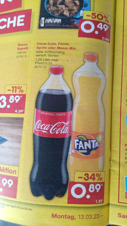 Netto MD Cola, Fanta, Sprite, Mezzo Mix 1,25 Liter für 0, 89 Cent