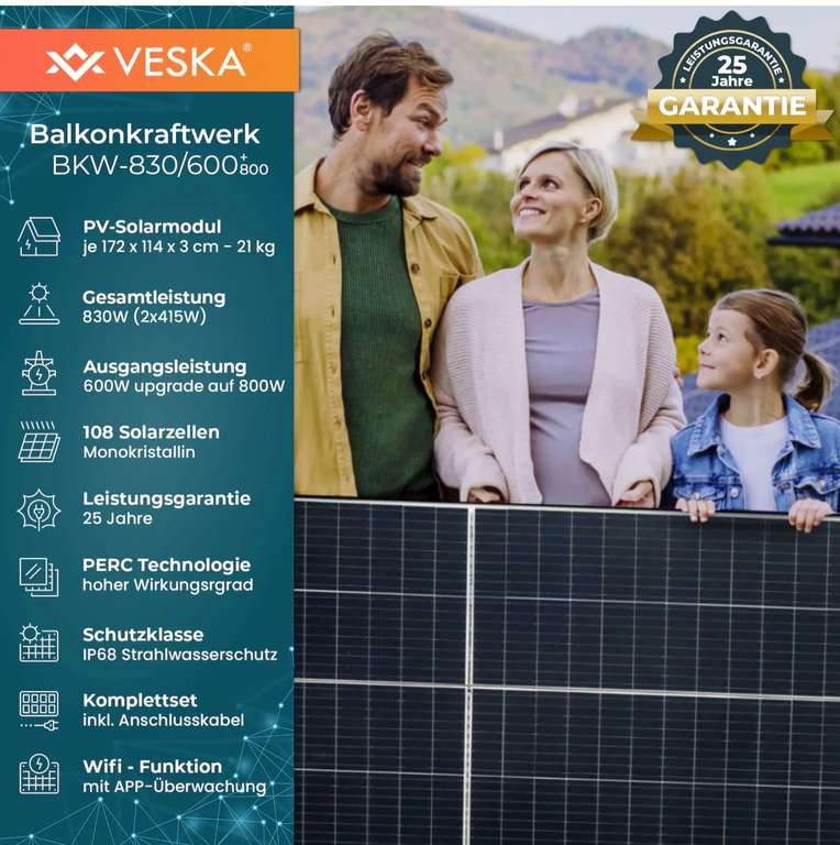 Veska Balkonkraftwerk 830 W / 600+800W Photovoltaik Solaranlage Steckerfertig WIFI Smarte Mini-PV Anlage 600 Watt genehmigungsfrei, Schwarz