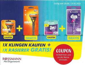Rossmann 1 Packung Klingen kaufen + 1 Rasierer GRATIS!!! - 10 Prozent App Coupon nicht vergessen!