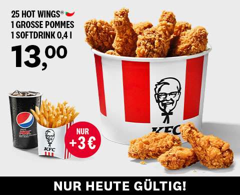 KFC Dealtime: z.B. 7. Juni 25 Hot Wings für 10€ (zzgl. 2 Softdrinks / große Pommes 13€) I 8. Juni 2 für 1 Gourmet BBQ Burger