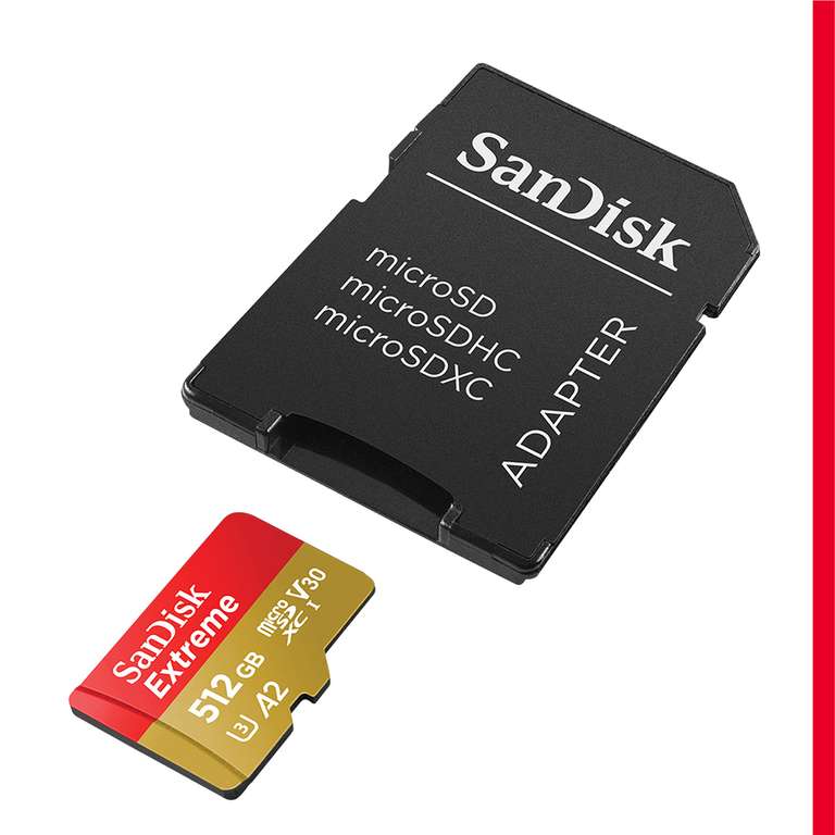 SanDisk Extreme microSDXC UHS-I Speicherkarte 512 GB + Adapter (A2, C10, V30, U3, 190 MB/s Übertragung, RescuePRO Deluxe)