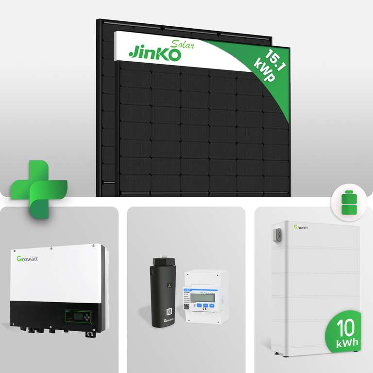 15,1 kWp PV-Komplettpaket 36x Jinko Solar 420W Full Black JKM420N-54HL4-B Growatt SPH 10000TL3-BH-UP Wechselrichter 10 kWh Speicher